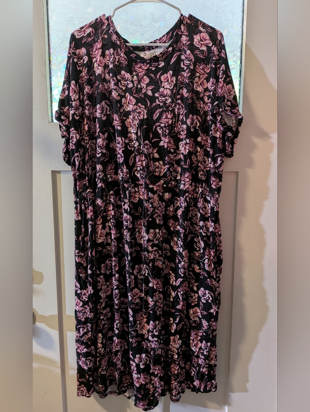 Black Floral Short-Sleeve Dress with Pink Blossoms